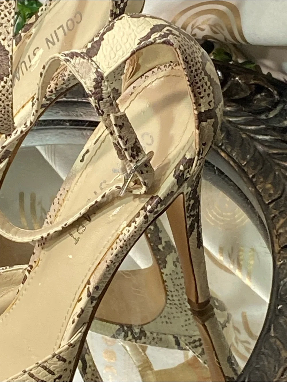 Colin Stuart Beige and Brown Snake-Print Pointed Ankle-Strap Pumps